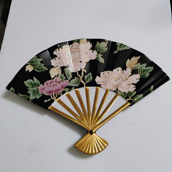 Fitz & Floyd Cloisonne Peony Black Porcelain Plate Fan Shaped Japan Ceramic Gold - Picture 9 of 9